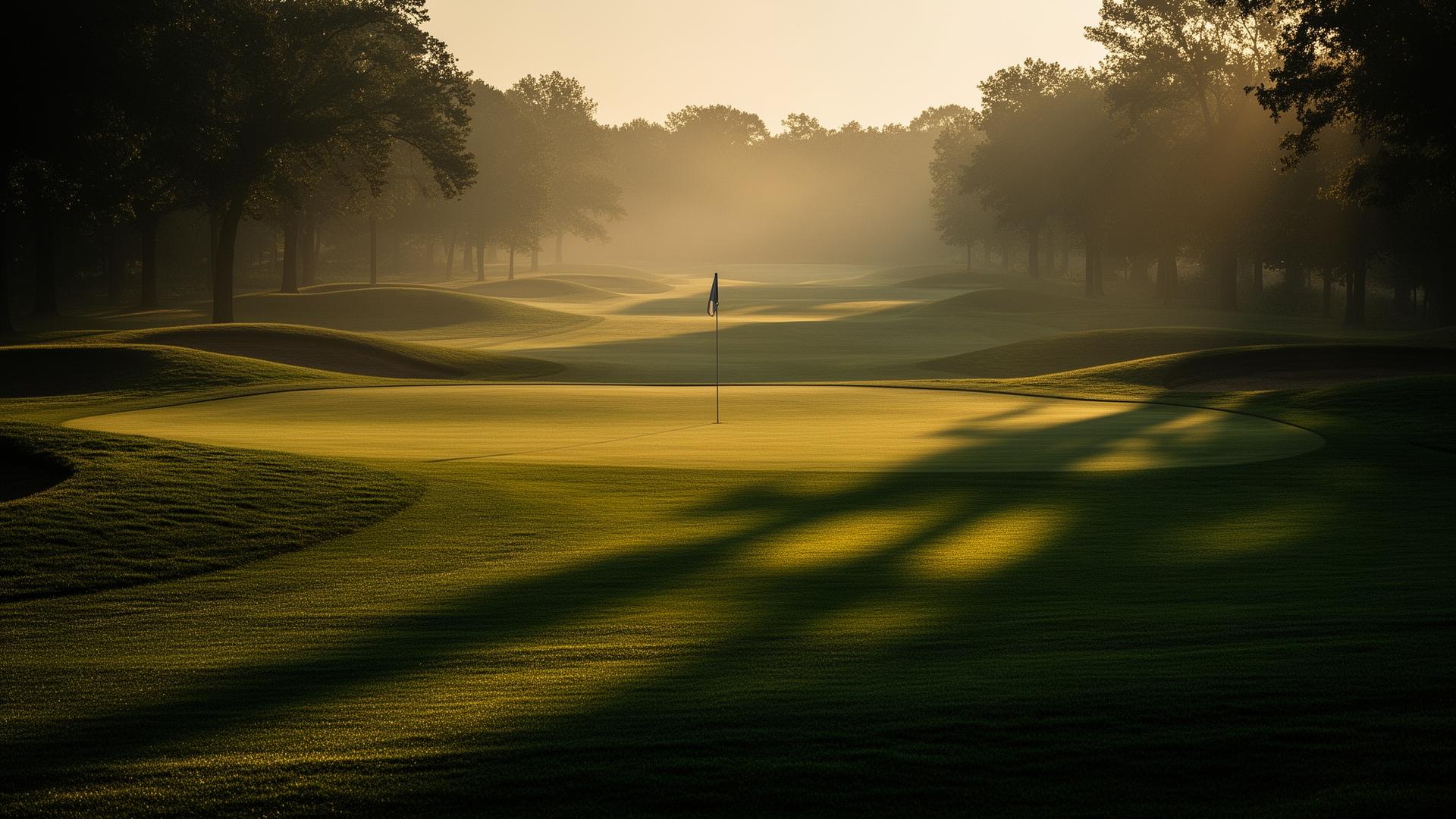 Misty golf fairway at golden hour